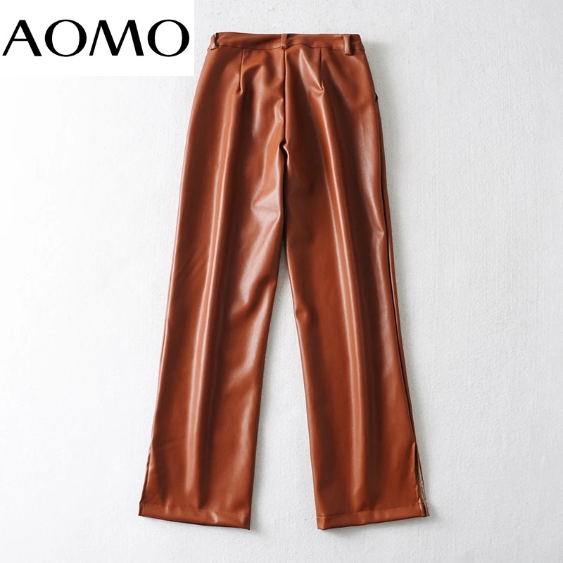

AOMO Women Brown Black PU Leather Pants Stretch Zipper Female Autumn Winter Pencil Pants Trousers CO8A