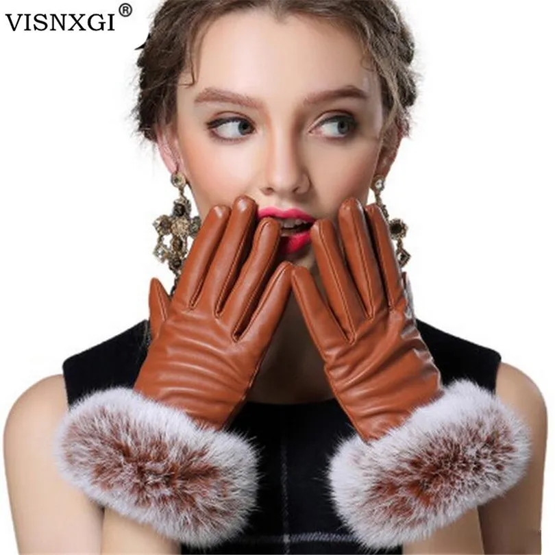 VISNXGI Искусственные кожаные перчатки женские модные черные перчатки из искусственной кожи осенне-зимние толстые женские водонепроницаемые перчатки с искусственным кроличьим мехом