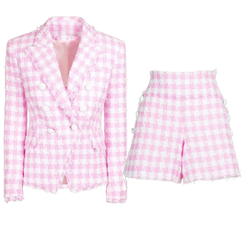 Chaqueta corta de lana con doble botonadura para mujer, conjuntos de dos piezas, color rosa, Houndstooth, otoño e invierno, 2021