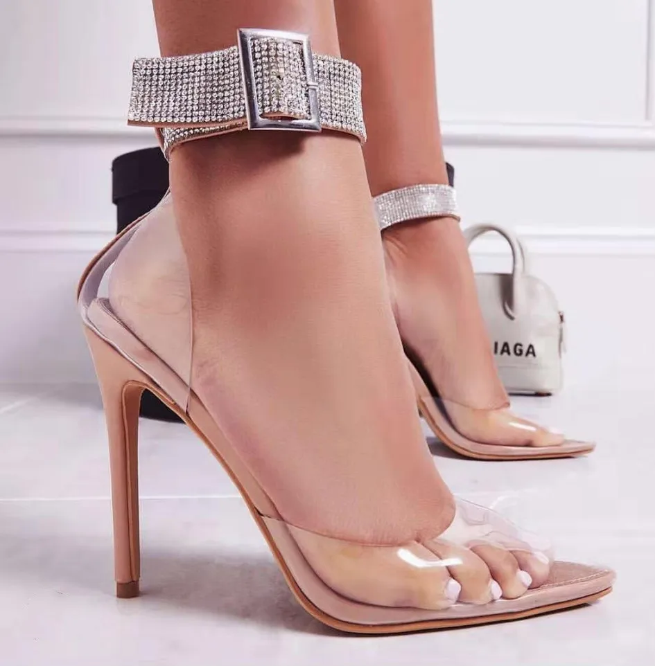 

High Heels Sandals Women 2021 Luxury Brand Sexy Rhinestones Transparent PVC ZA Fashion 11CM Woman Shoes On Heels Sandals Femme