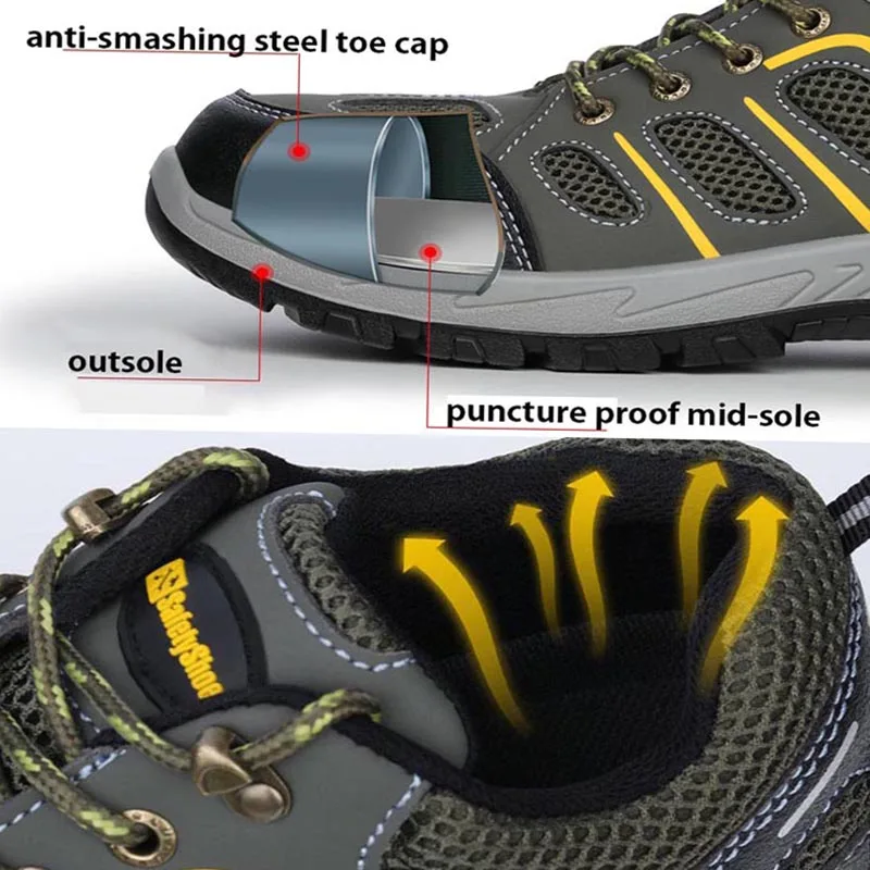 Мужская защитная обувь рабочие ботинки нерушимая со стальным носком дышащая до