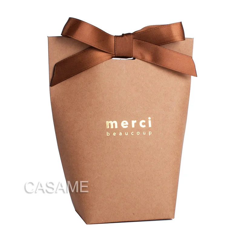 Large Brown Merci 6 шт. черная белая крафт-бумага, сумка бронзовая французская "Мерси", подарочная упаковка, сувенир для свадебной вечеринки, конфетные пакеты с лентой - Цвет: Large Brown Merci