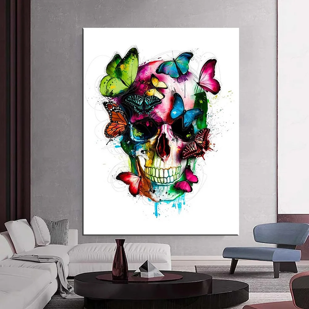 

Художественные картины на холсте, граффити, постер с изображением черепа, бабочки, черепа, готическое искусство, Настенная картина для укра...