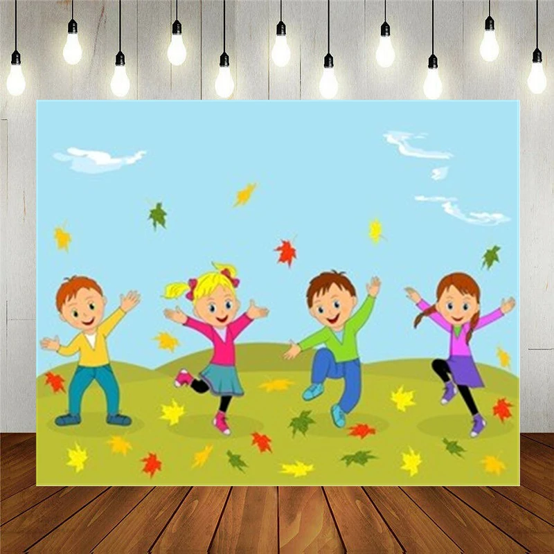 

Photo Studio Props Vinyl Photography Backdrop Cartoon Boy And Girl Dancing Kids Birthday Party Decoration Customizable Text