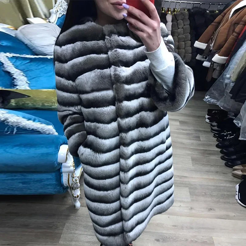 90cm Long Real Chinchilla Color Rex Rabbit Fur Coat O-neck Luxury Women Winter Fashion Genuine Rex Rabbit Fur Coats Full Pelt