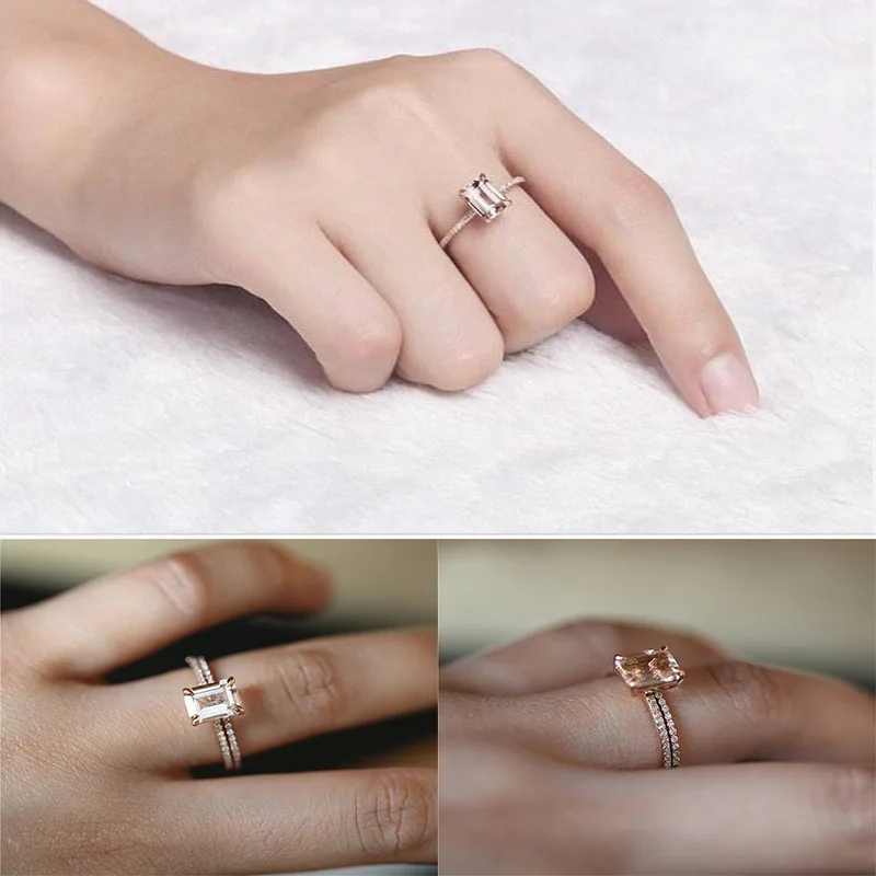 2/pcs Set Rose Gold Silver White Champagne Crystal Wedding Engagement Rings For Women Cubic Zirconia Elegant Ring | Украшения и