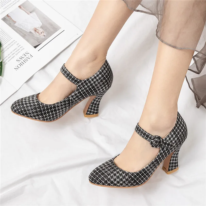 Spring Mary Jane Shoes High Heels Woman Pumps Block Heel Womens Brand Designer 2020 Dress Party Ladies Gingham Retro | Обувь