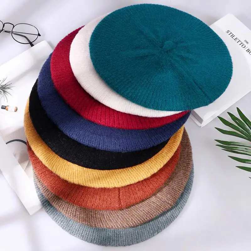 

Octagonal Hat Female Beret Women Autumn Winter Knitted Hats For Women Knitting Wool Big Size French Hat Gorras Solid