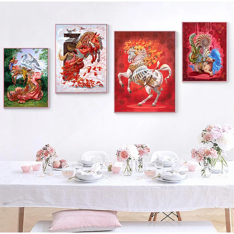 Королевский Красный Белый бегущий лошадь Лебеди олень Мультяшные плакаты