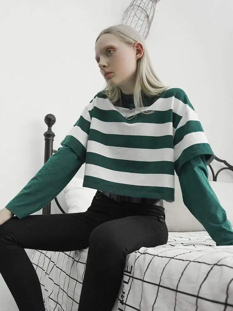 Женские футболки в полоску с длинным рукавом и воротником-стойкой стиле панк