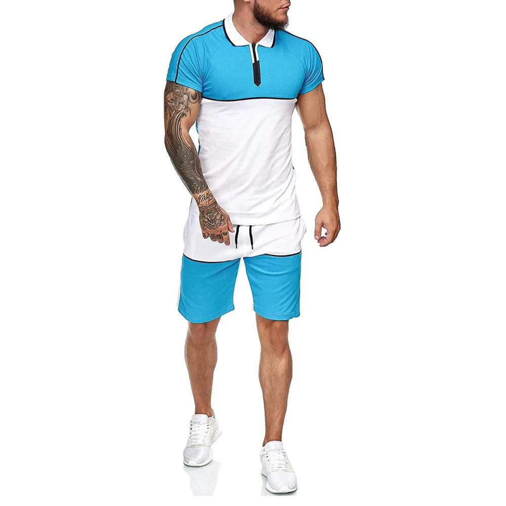 

2021 new men's summer sports suit, color matching casual fashion short-sleeved suit fitness suit