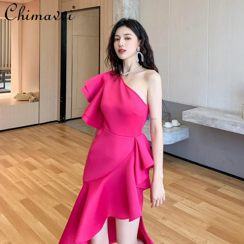

Fashion Ruffles Oblique Shoulder Dress 2021 Summer High Waist Slimming Party Irregular Hem Dress Sexy One-Shoulder Elegant Dress