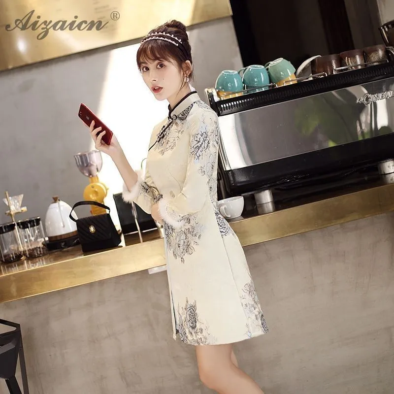 Высококлассное жаккардовое переплетение Cheongsam китайское модное китайское традиционное платье Qi Pao Восточный стиль платья с вышивкой Qipao зима
