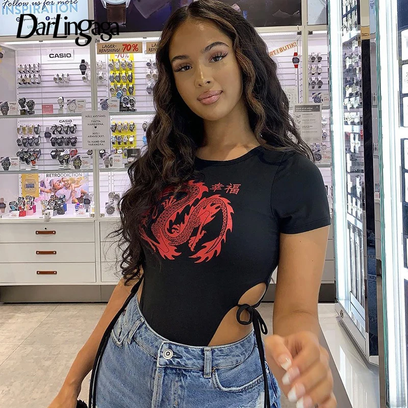 Летнее Женское боди с принтом дракона Darlingaga облегающее пикантное высокой талией