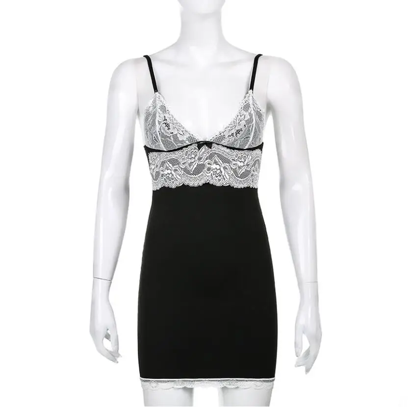 

Women Sexy dress Lace Slip Dress Slim High Wasit Split Mini Dress V-neck Spaghetti Strap Slit Hem Y2K Dress Bodycon Part