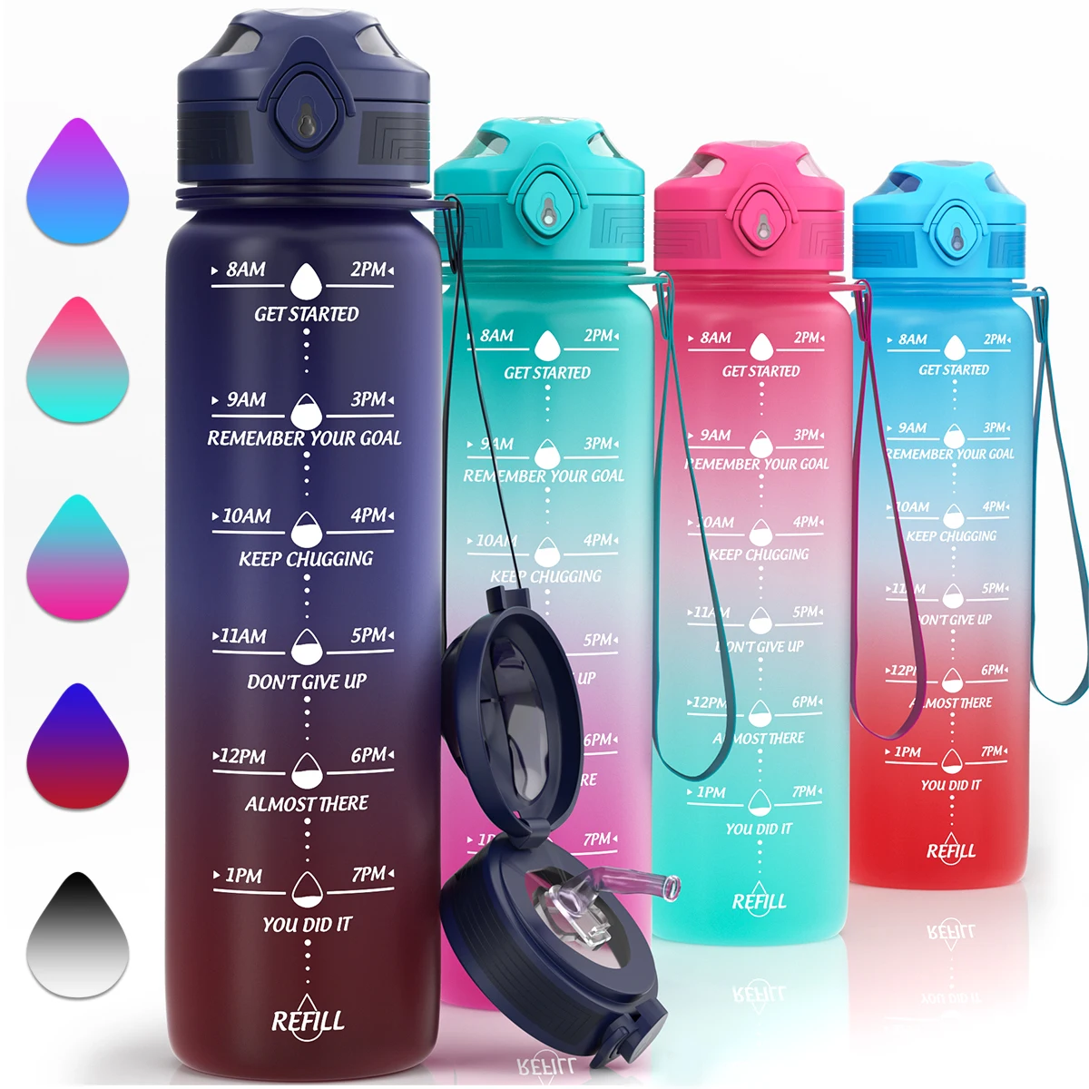 

Portable Large Capacity Water Bottles With Straw High Temperature Plastic Water Cup Time Scale Frosted Outdoor Sports Couple Cup