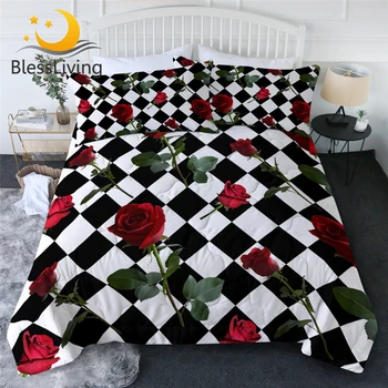 BlessLiving Rose Quilt Set Flowers Summer Comforter Black and White Grid Bedding 3 Pieces Leaf Floral Colcha Verano Queen King 1
