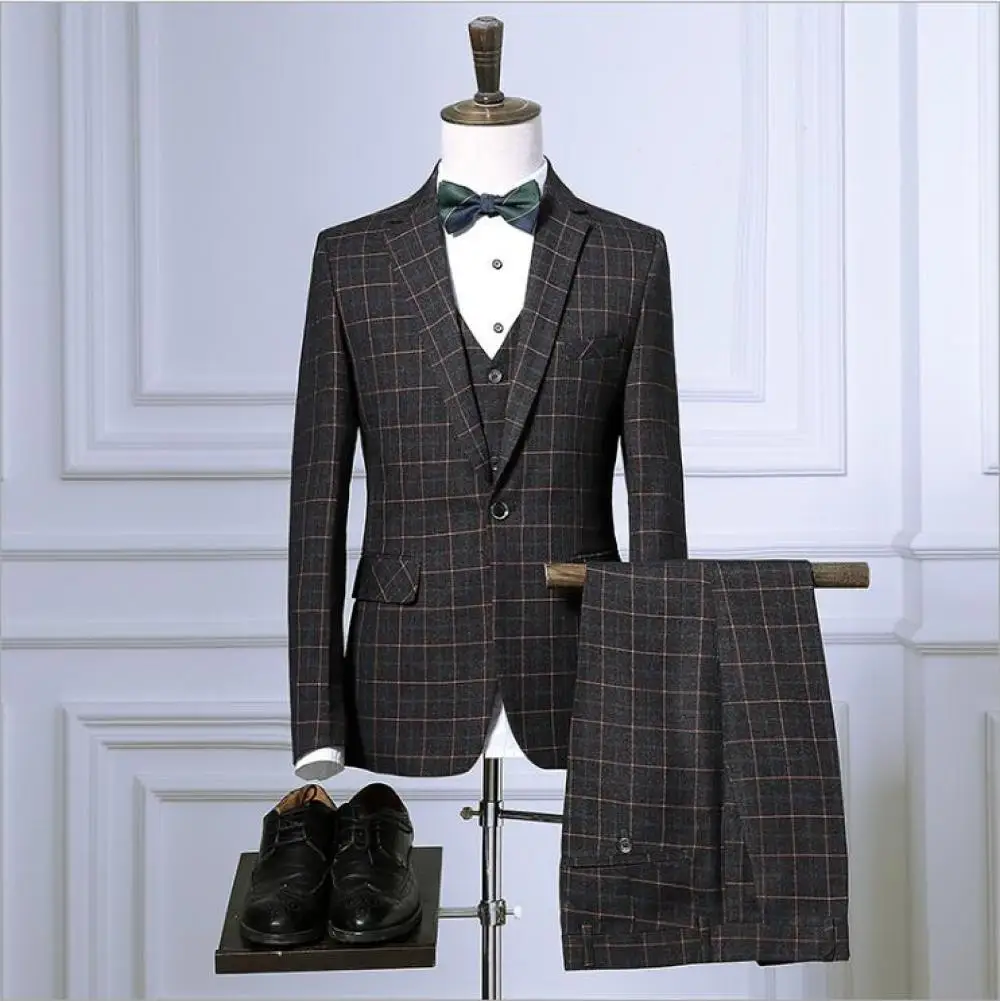 Business Professional Dress Three-piece Blazer   Vest   Trousers Suit Korean Retro Plaid Groom Wedding Formal Suit