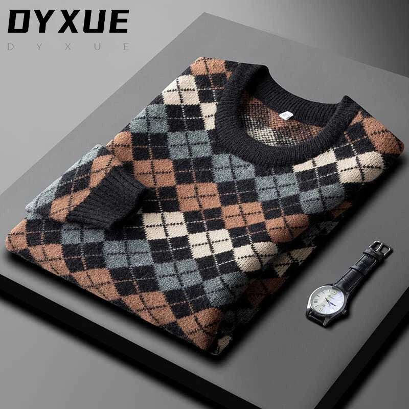 

Мужской винтажный жаккардовый свитер, облегающий утепленный теплый свитер с круглым вырезом в Корейском стиле, зима 2021