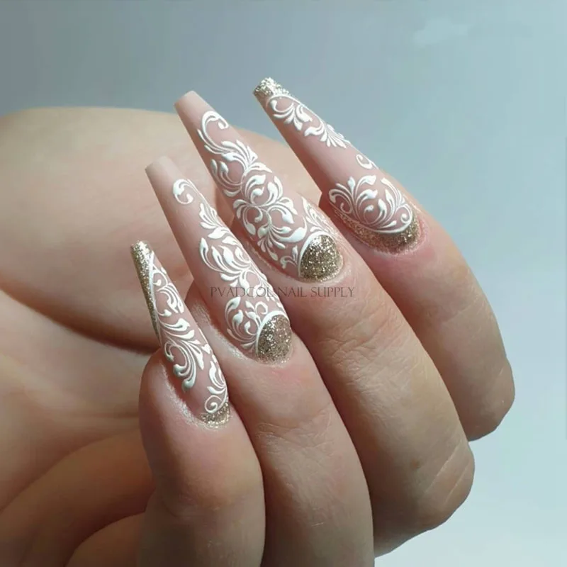 

3D Acrylic Engraved Nail Sticker Embossed White Self Adhesive Nail Art Sticker Decals Slider Decoration