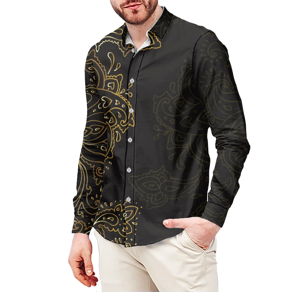 

Hot Selling Autumn Long Sleeve Shirt For Men Bandana Seamless Background Print Button Up Shirt Men Casual Plus Size Shirt Top