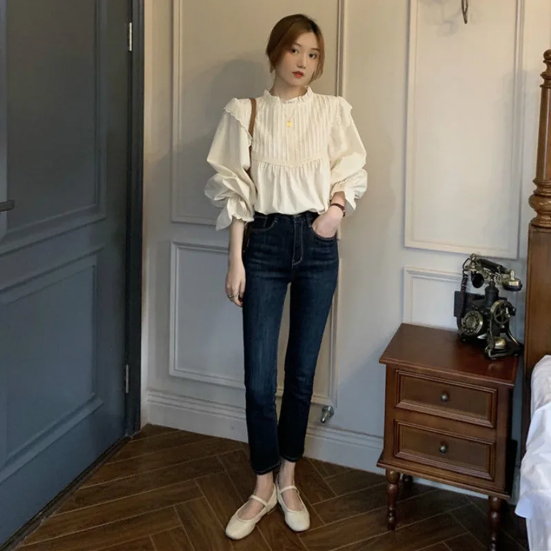 

Shirts Women Apricot Solid Ruffled Lantern Sleeve Korean Sweet Style Vintage Elegant Stylish Lovely Ladies Tops Soft Slim Daily