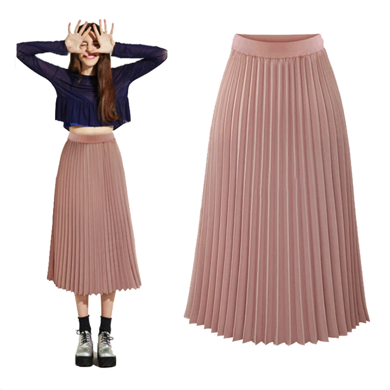 Spring 2019 Women Long pleated skirt Metallic Pleated Skirt Midi High Waist Elascity Casual Party N2038 | Женская одежда