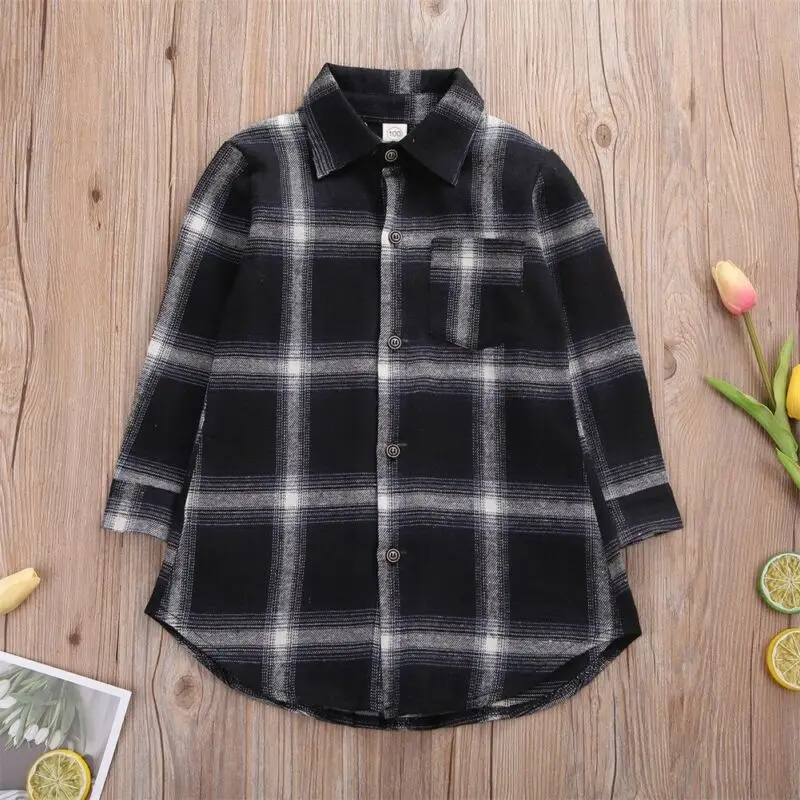 Детская клетчатая блузка для мальчиков и девочек рубашка на пуговицах с длинными