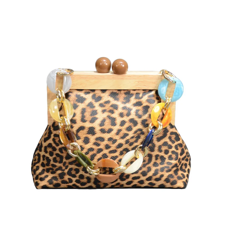 

Handbag 2020 New Fashion Network Red Korean Version of the Western Style Leopard Wood Clip Messenger Bag Women's handbag