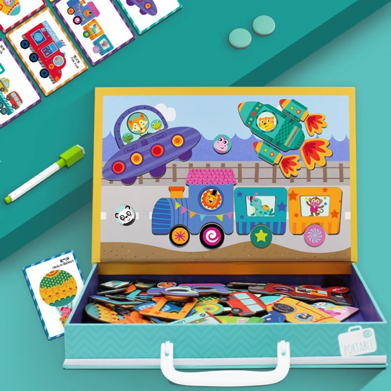 

Children Wooden Magnetic Puzzle Sticker Portable Double-sided Jigsaw Puzzle Background Scene Early Educational Enlightenment Toy