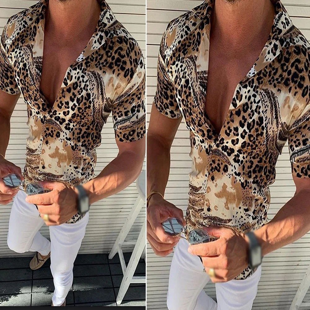 Мужские Топы повседневные тонкие леопардовые принты с отворотом коротким