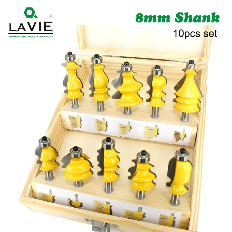 LA VIE 10pcs 8mm Shank Architectural Molding Handrail Router Bits Set Casing Base CNC Line Woodworking Cutters Face Mill MC02070 |