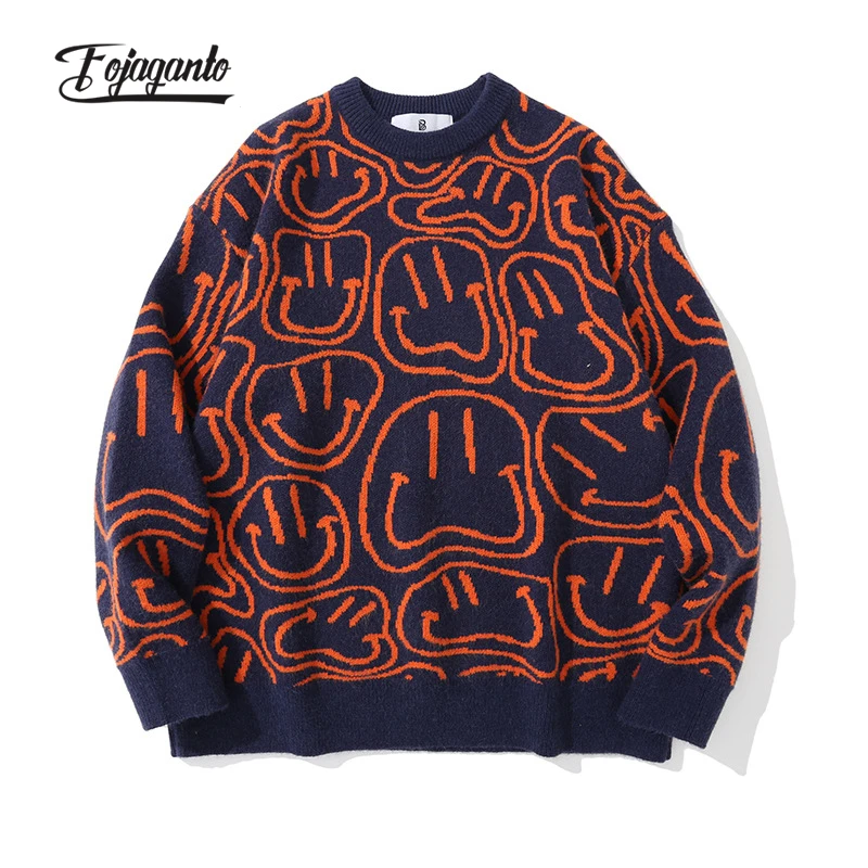 

FOJAGANTO Autumn Men's Trendy Sweaters Korean Vintage Jacquard Couple Pullover Street Harajuku Casual Brand Knit Sweater Male