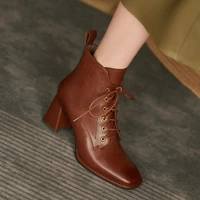 cross tied genuine leather square toe thick heels ankle boots for women fashion brand high heels shoes winter women short boots