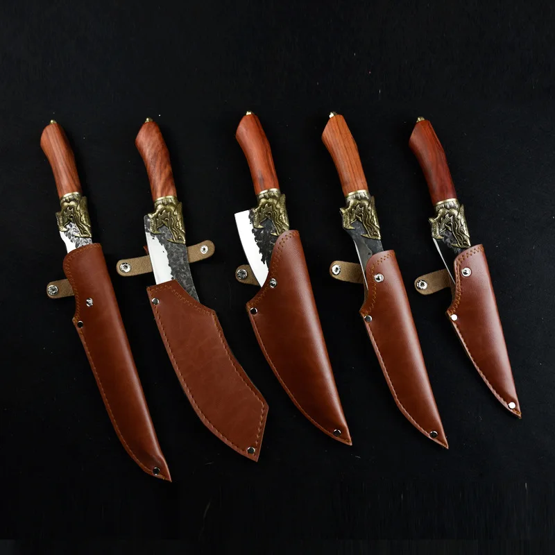 

Professional Kitchen Knife High Carbon Steel Handmade Forged Ultra Sharp Meat Cleaver Vegetable Cutter Fixed Blade Tools 5PCS