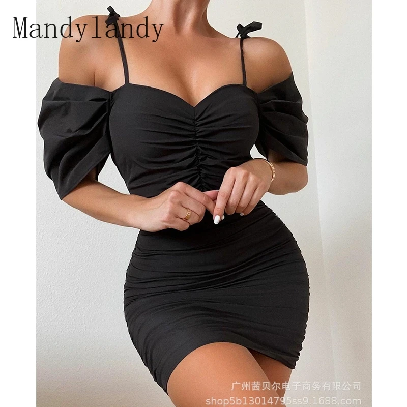 

Летнее платье Mandylandy с коротким рукавом и открытой спиной, платье на бретелях-спагетти с открытыми плечами и высокой талией, женское облегаю...