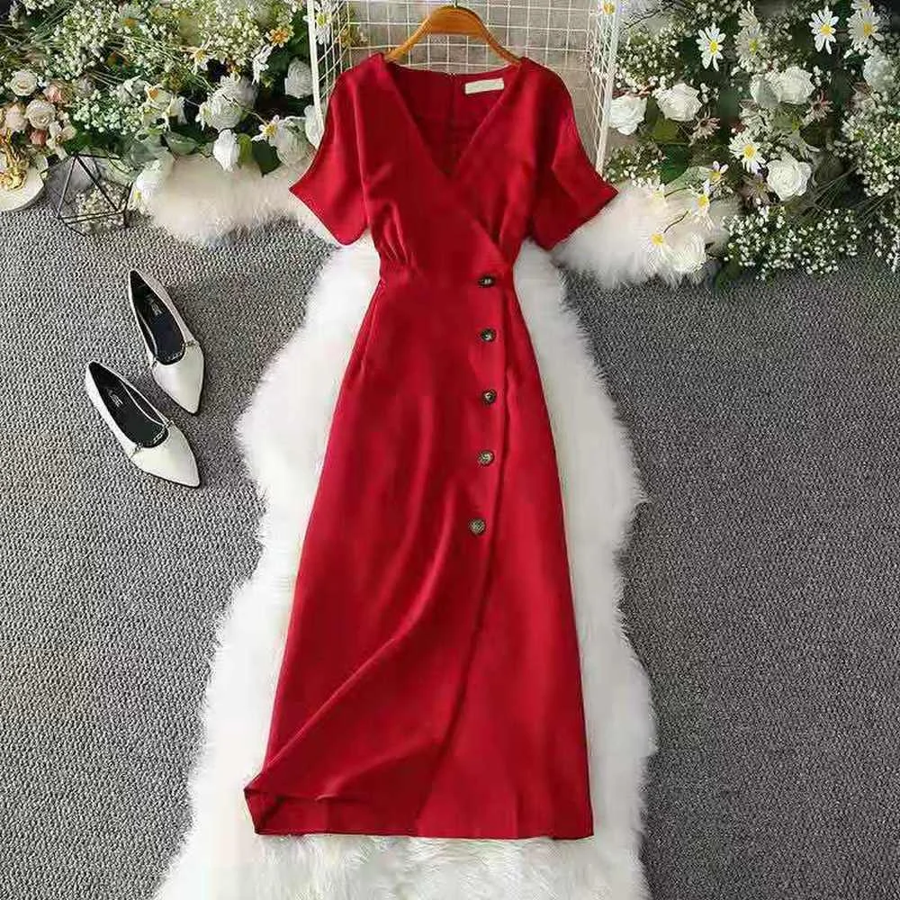 

2021 Spring Fenimine Vestidos Women Fashion Korea Chic Japan Style V Neck Single Breasted Button Elegant Long Shirt Dress