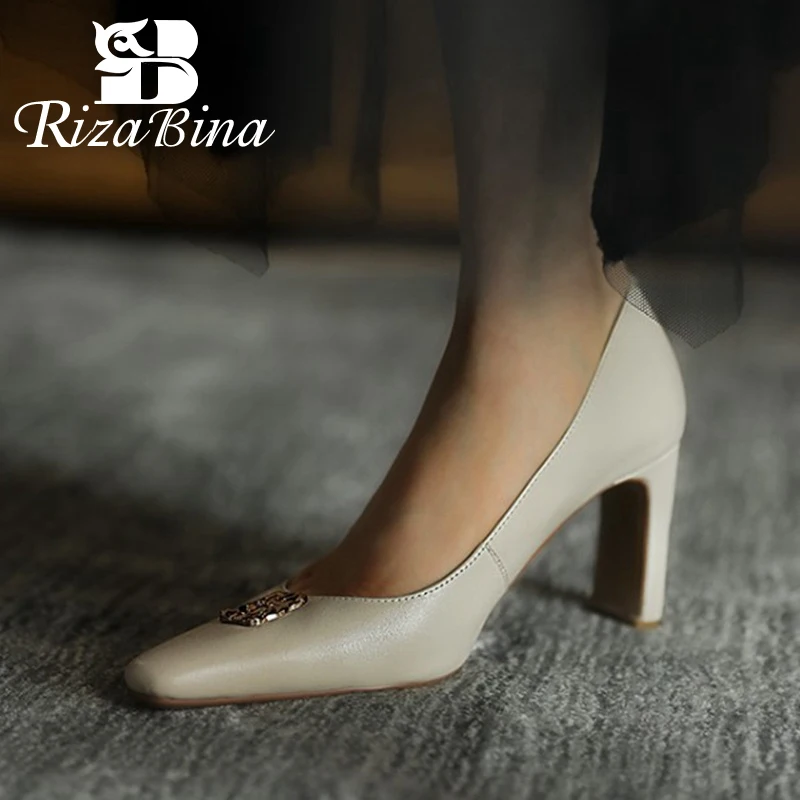 

RIZABINA Women Pumps Fashion Leather High Heel Shoes Women Party Wedding Metal Decoration Shoes Women Footwear Size 33-40