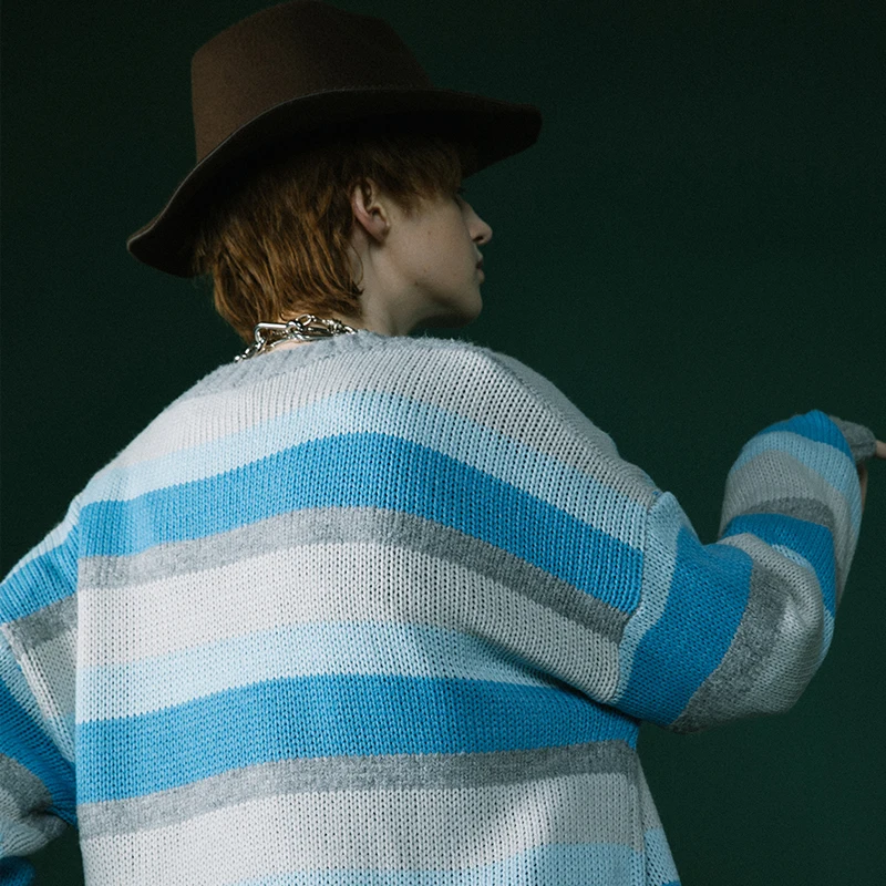 Многоцветный свободный длинный рукав полосатый вязаный женский свитер для зимы |