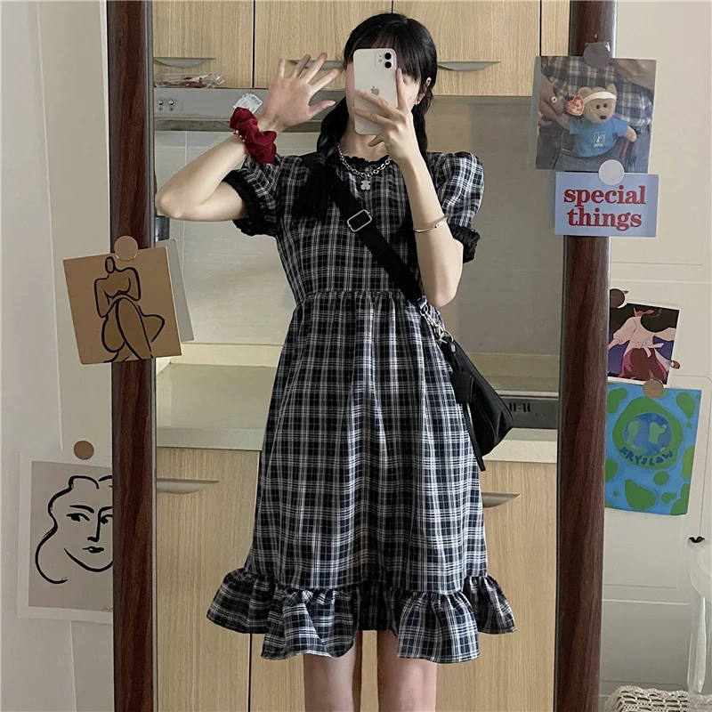 

Japanese Kawaii Black Lattice Women Dress Spring Summer Preppy Style Gothic Ruffles Short Sleeve One Piece Dresses Vestidos 2021
