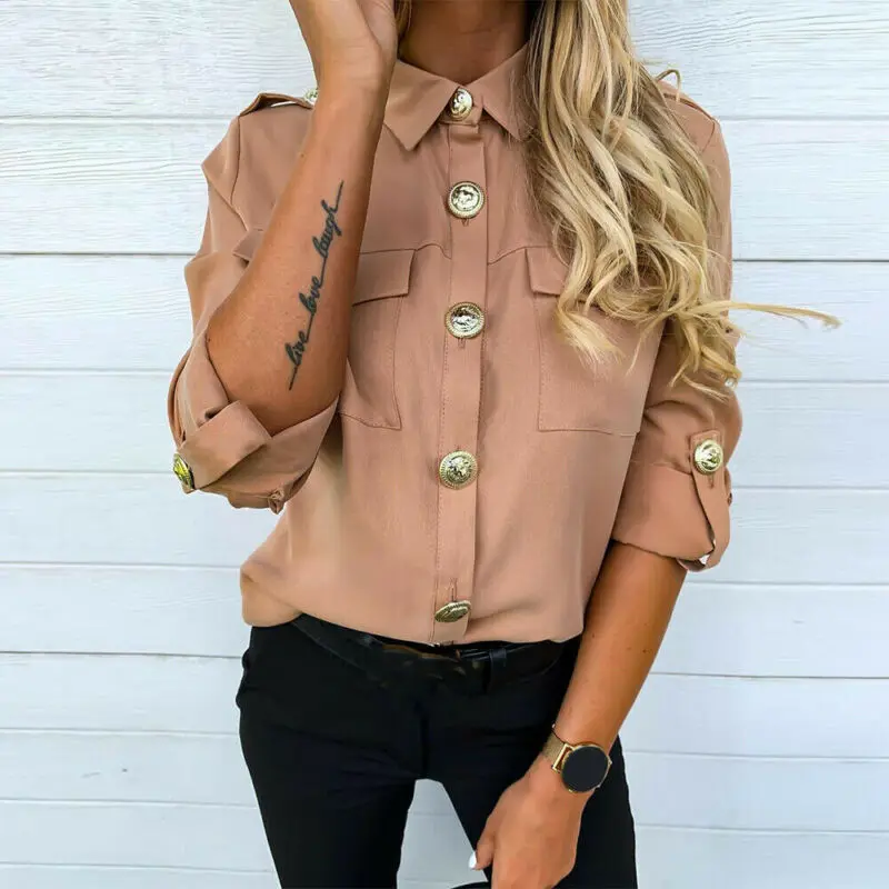 

Fashion Womens Casual Baggy Tops Casual Blouse Long Sleeve Button Tunic Shirt Office Plain Ladies Autumn Spring Blouse 3 Colors