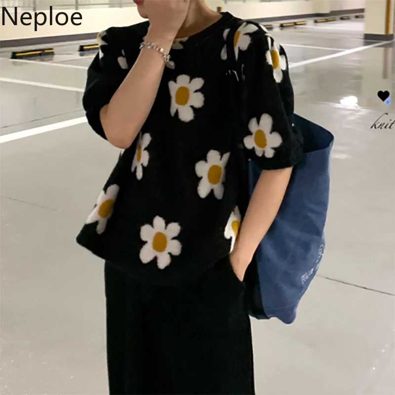 Neploe 2020 вязаные футболки с принтом маргариток женские модные круглым вырезом и