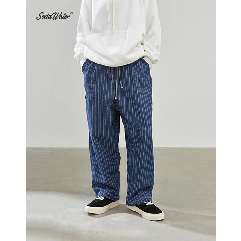 Sodaводяные мужские полосатые джинсы 2019 AW уличная свободные прямые джинсовые