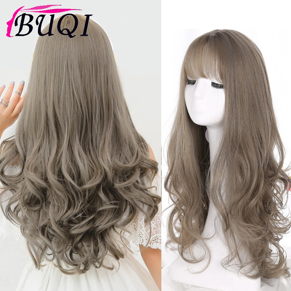 

BUQI длинные каштановые синтетические парики с челкой естественная волна прическа для Для женщин Косплэй вечерние Термостойкое волокно