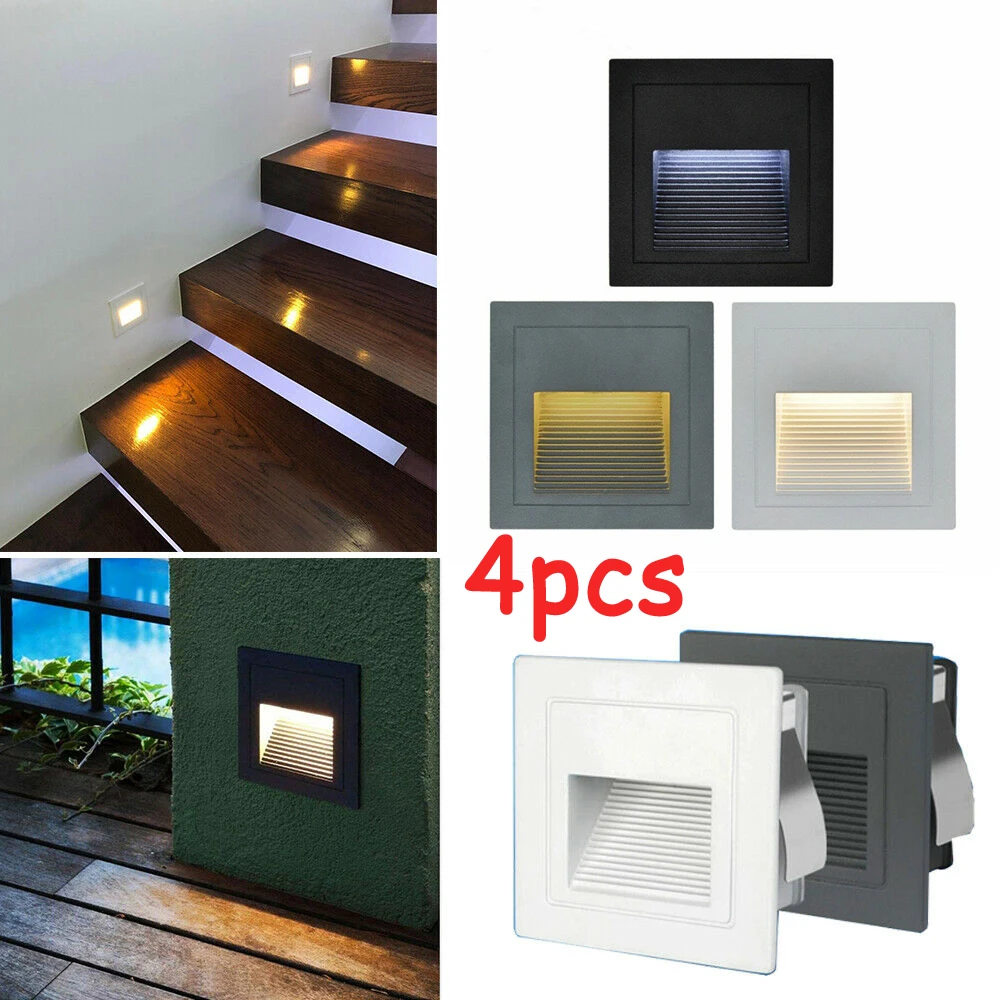 

4PCS 3W Outdoor Wall Plinth Stair Step Light Corridor Corner Lamp Aluminum Recessed Footlight+Embedded Box Warm White Cool White