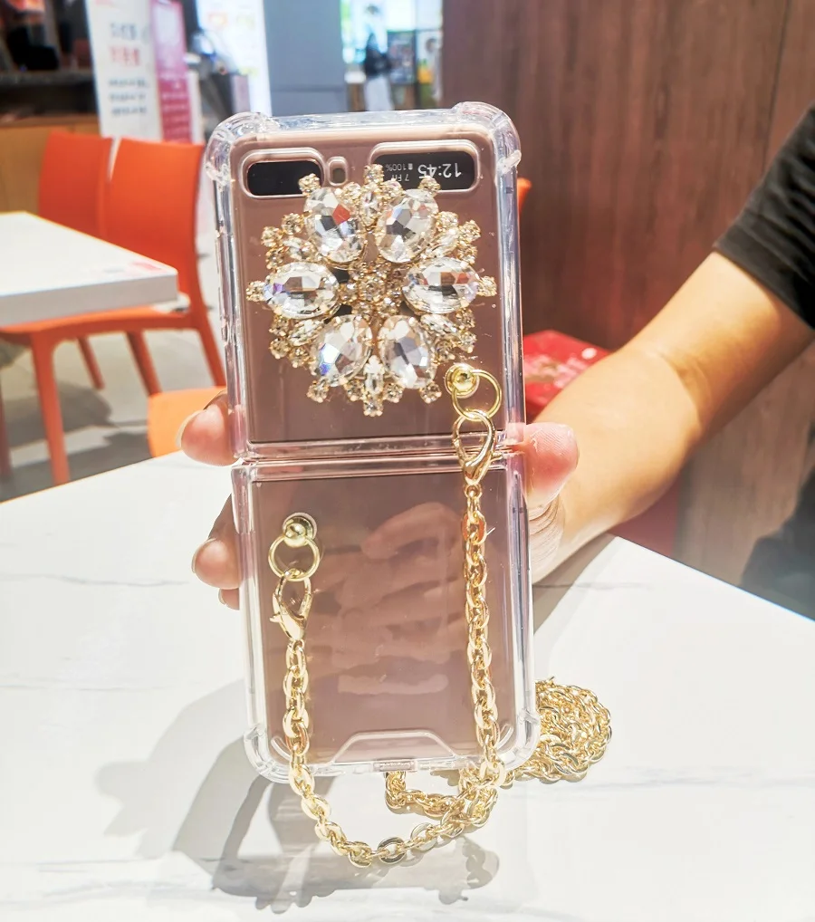 Luxury Glitter Rhinestone Stand Holder Case Cover For Samsung Galaxy Z Flip 4G 4 3 5G Bling Shockproof Long Metal Chain Case