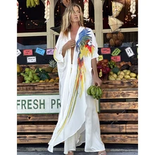 New Bohemian Dress Chiffon Bikini Cover up Kaftan White Dress Plus size Kimono Beachwear Print Tunic for Beach Swimsuit Cover up