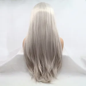 Серебристые Платиновые светлые Натуральные Прямые Синтетические кружевные передние парики средняя часть длинные термостойкие волосы наполовину связанные волосы