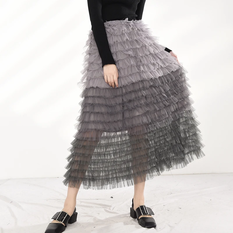 

high women's skirt waist grey gradient stitching mesh contrast color fashion trend new spring autumn 2021 1dd227704