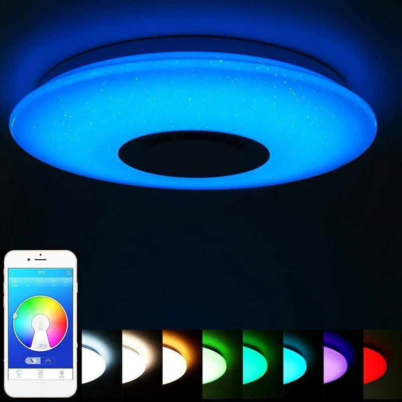 

60W Rgb Flush Mount Round Starlight Music Led Ceiling Light Lamp With Bluetooth Speaker, Dimmable Color Changing Light Fixture W